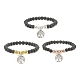 3 Stück 3-farbige natürliche Lavagestein-Stretch-Armbänder mit runden Perlen und Legierungs-Baum des Lebens-Anhängern BJEW-JB08315-1