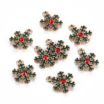 Colgantes de esmalte de aleación ecológicos, con diamante de imitación, sin cadmio, plomo, níquel, la luz de oro, copo de nieve, verde, 22x16.5x3.5mm, agujero: 2 mm