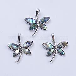 Conchiglia abalone / ciondoli conchiglia paua, con cauzione in ottone tono platino, libellula, 28x29x4mm, Foro: 5x8 mm