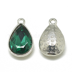 Charms de vidrio aleación, facetados, lágrima, Platino, verde mar, 14.5x9x5mm, agujero: 1.5 mm