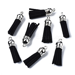 Décorations de pendentif pompon en daim, avec embouts de cordon en plastique ccb, platine, noir, 35~37x10mm, Trou: 1.8mm