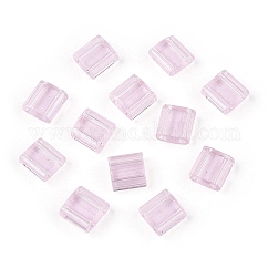 2-hole perline di vetro, colori trasparenti, quadrato, perla rosa, 5x4.5~5.5x2~2.5mm, Foro: 0.5~0.8 mm