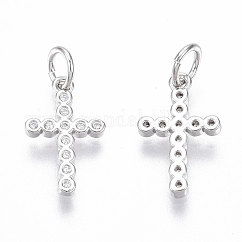 Ciondoli a croce in ottone con micro pavé di zirconi cubici, con anello di salto, nichel libero, chiaro, Vero platino placcato, 14x8.5x1.5mm, Foro: 3 mm