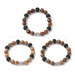 3 bracciale elastico con perline rotonde in legno naturale e pietra lavica di 3 colori&nbsp;BJEW-JB12353