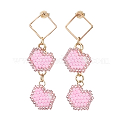 Boucles d'oreilles à tige en forme de cœur avec perles de verre faites à la main&nbsp;EJEW-MZ00279