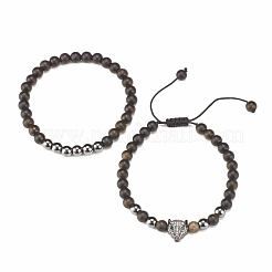 2pcs 2 bracelets de perles tressées en obsidienne naturelle et hématite synthétique serties de léopard en zircone cubique&nbsp;BJEW-JB08119-02