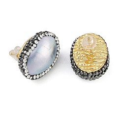 Orecchini ovali in ottone placcato a cremagliera con strass e perle naturali fatti a mano in Indonesia&nbsp;EJEW-U010-04C-G
