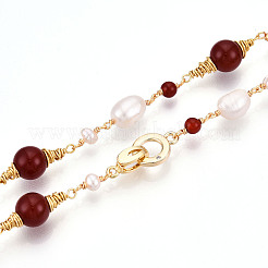 Bracciali con maglie di perle naturali e agata rossa&nbsp;BJEW-N031-02G