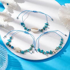 3 Stück 3 Stile synthetisches Türkis & natürliches Magnesit geflochtene Seestern- & Schildkröten- & Muschelform-Perlenarmbänder für Frauen&nbsp;BJEW-JB10200