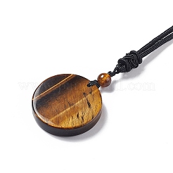 Gemma naturale rotonda piatta con collana pendente albero della vita con cordino in nylon da donna&nbsp;NJEW-P274-03