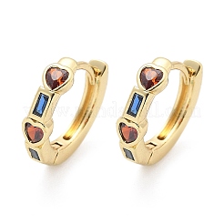 Orecchini a cerchio con cuore e rettangolo in ottone micro pavé di zirconi cubici colorati&nbsp;EJEW-Z102-27G