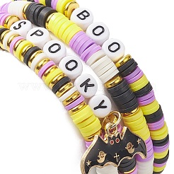 4 Stück 4-teiliges Heishi-Surfer-Stretch-Armband-Set aus Fimo mit Legierungs-Emaille-Fledermaus-Anhängern&nbsp;BJEW-TA00253