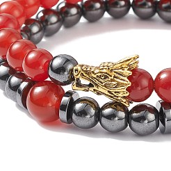2pcs 2 style cornaline d'agate rouge naturelle (teinte et chauffée) et bracelets extensibles en hématite synthétique sertis de dragon en alliage&nbsp;BJEW-JB08655