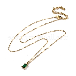 304 Edelstahl Farn grün Strass Rechteck Anhänger Kabel Kette Halsketten&nbsp;NJEW-U026-01G