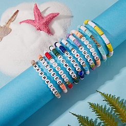 10 stücke 10 stil ermutigen wort polymer clay heishi surfer stretch armbänder set mit herz&nbsp;BJEW-SW00041