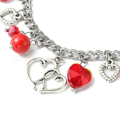 Herz-Charm-Armband aus Legierung und Glas im tibetischen Stil mit Panzerketten aus 304er Edelstahl zum Valentinstag&nbsp;BJEW-TA00311