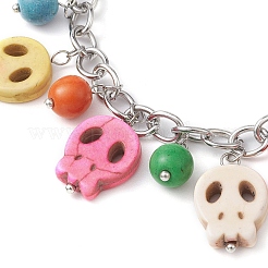 Halloween gefärbter synthetischer türkisfarbener Totenkopfanhänger aus Messing mit Kabelkettenarmbändern&nbsp;BJEW-TA00471