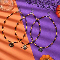 Halloween-Halsketten mit schwarzem Emaille-Kürbisschädel und Katzenform&nbsp;NJEW-JN05579