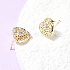 Boucles d'oreilles à tige en laiton avec micro pavé de zircons cubiques transparents en forme de cœur pour la Saint-Valentin&nbsp;EJEW-C186-17G-01