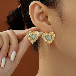 Élégantes boucles d'oreilles à tige en laiton bicolore en forme de cœur vintage&nbsp;NR0767
