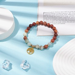 Bracelet extensible fleur naturelle amazonite & bois & hématite synthétique avec arbre de vie en laiton&nbsp;BJEW-JB08405
