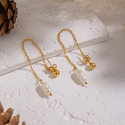 Boucles d'oreilles pendantes ovales en acier inoxydable 304 et perles d'eau douce&nbsp;PG0199
