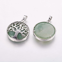 Natural Green Aventurine Pendants, with Brass Findings, Platinum, Flat Round with Tree of Life, 31x27x6.5~7mm, Hole: 5x8mm