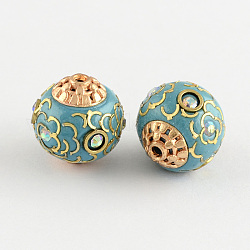 Round Handmade Grade A Rhinestone Indonesia Beads, with Alloy Rose Gold Metal Color Cores, Light Blue, 14x14x13mm, Hole: 1.5mm