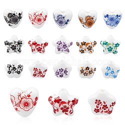 Pandahall elite 60pcs 15 estilo corazón y flor y estrella hechos a mano de porcelana hebras de cuentas de cerámica, flor impresa, color mezclado, 4 piezas / style