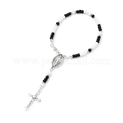 Pulsera con amuleto de cruz de aleación, pulsera estilo rosario de cuentas de vidrio, negro, 10-5/8 pulgada (27 cm)