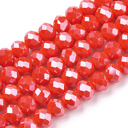 FilI di perline in vetro placcato, lustro di perla placcato, sfaccettato, rondelle, rosso, 4x3mm, Foro: 0.4 mm, circa 123~127pcs/filo, 16.5~16.9 pollice (42~43 cm)