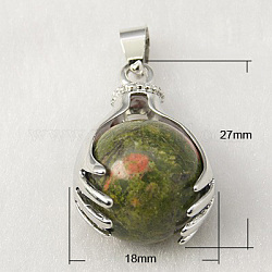 Pendentifs en pierres gemmes, avec les accessoires en laiton et unakite naturel, ronde, platine, vert olive, 27x18mm, Trou: 4x6mm