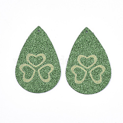 Gros pendentifs en cuir pu, avec de la poudre de paillettes, larme, avec motif shamrock, breloques irlandaises, verte, 56x37x1.5mm, Trou: 1.2mm