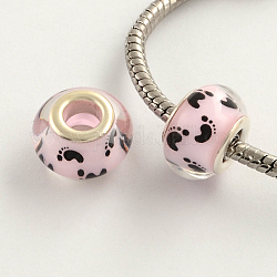 Large Hole Footprints Pattern Resin European Beads, with Platinum Plated Brass Double Cores, Rondelle, Pink, 14x9mm, Hole: 5mm
