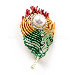 Broche de aleación de plumas con perla de resina, exquisito pin de solapa de rhinestone para niña mujer, dorado, colorido, 57x29.5x12mm, pin: 0.8 mm