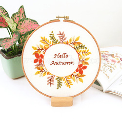 DIY-Stickset mit Blumenmuster, inklusive Sticknadeln und Garn, Leinenstoff aus Baumwolle, Wort Hallo Herbst, orange rot, 290x290 mm