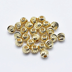 Perline in ottone, placcato di lunga durata, nichel libero, Perline scanalate, vero placcato oro 18k, rondelle, 6x5mm, Foro: 2 mm