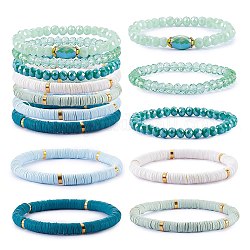 Set di braccialetti elastici da surfista heishi in argilla polimerica fatti a mano in stile 7pcs 7, perle di vetro braccialetti, bracciali preppy impilabili per le donne, verde, diametro interno: 2-1/8 pollice (5.3 cm), 1pc / style