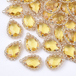 Transparente Glas-Anhänger, mit Messing-Zubehör, facettiert, Träne, Licht Gold, leichtes Khaki, 19x14x4.5 mm, Bohrung: 1.2 mm