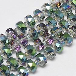 Abalorios de vidrio electroplate hebras, arco iris chapado, facetados, plano y redondo, verde, 7~8x5mm, agujero: 1 mm, aproximamente 80 pcs / cadena, 21.26 pulgada