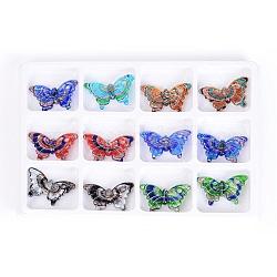 Handmade Silver Foil Lampwork Pendants, with Gold Sand, Butterfly, Mixed Color, 38x62x9mm, Hole: 5mm, 12pcs/box