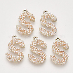 Ciondoli in lega ecologica, con perle di plastica imitazione perla in abs, lettera, oro chiaro, letter.s, 23x14.5x3mm, Foro: 1.6 mm