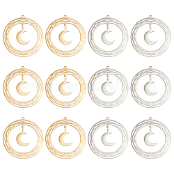 Dicosmétique 12 pièces 2 couleurs pendentif croissant de lune doré breloque de lune creuse pendentif lunaire en filigrane breloque ronde plate breloque ciel nocturne pendentif en acier inoxydable fournitures de bijoux pour la fabrication de bijoux, Trou: 1.6mm