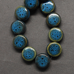 Perles en porcelaine manuelles, fantaisie porcelaine émaillée antique, plat rond, bleuet, 12x7mm, Trou: 3mm