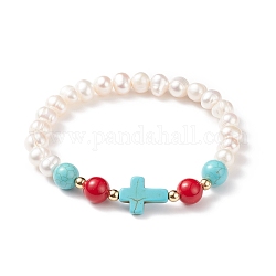 Synthetic Turquoise(Dyed) Cross & Natural Mashan Jade & Pearl Beaded Stretch Bracelet, Gemstone Jewelry for Women, Colorful, Inner Diameter: 2-1/8 inch(5.4cm)