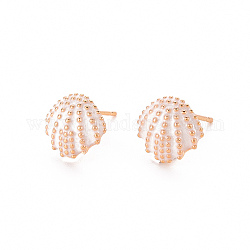 Accessoires d'oreilles en laiton, pour la moitié de perles percées, avec l'émail, sans nickel, véritable 18k plaqué or, coquille, blanc, 10.5x11.5mm, Trou: 1mm, pin: 0.8 mm