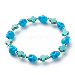 Synthetic Turquoise(Dyed) Cross & Skull Beaded Stretch Bracelet, Halloween Gemstone Jewelry for Women, Turquoise(Dyed), Inner Diameter: 2-3/8 inch(6cm)