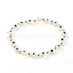 Braccialetto elasticizzato fatto a mano con perle di lampwork malocchio, 304 braccialetto di perline in acciaio inossidabile, bianco, diametro interno: 2 pollice (5.15 cm)