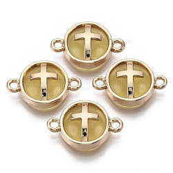 Connettori di collegamenti di vetro, con risultati in lega placcata oro chiaro, piatta e rotonda con croce, goldenrod, 13.5x19.5x5.5mm, Foro: 1.6 mm