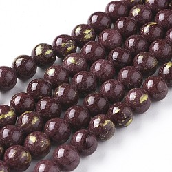 Chapelets de perles de jade naturel, une feuille d'or, teinte, ronde, brun coco, 10mm, Trou: 1mm, Environ 39~40 pcs/chapelet, 15.75 pouce (40 cm)